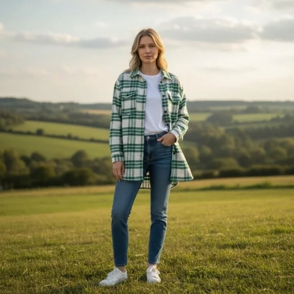 NWT Joie oversized Shacket Revolve Wool blend green cream plaid button flannel S